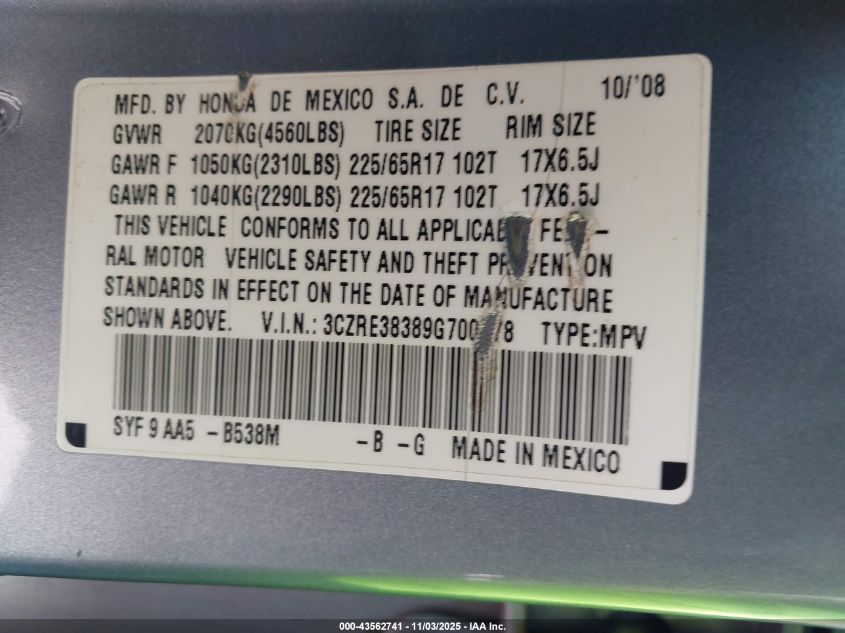 2009 Honda Cr-V Lx VIN: 3CZRE38389G700778 Lot: 43562741