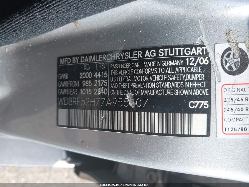 2007 Mercedes-Benz C 230 Sport VIN: WDBRF52H77A955807 Lot: 43562749