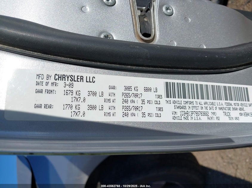 2009 Dodge Ram 1500 Slt/Sport/Trx VIN: 1D3HB13P79S783662 Lot: 43562768