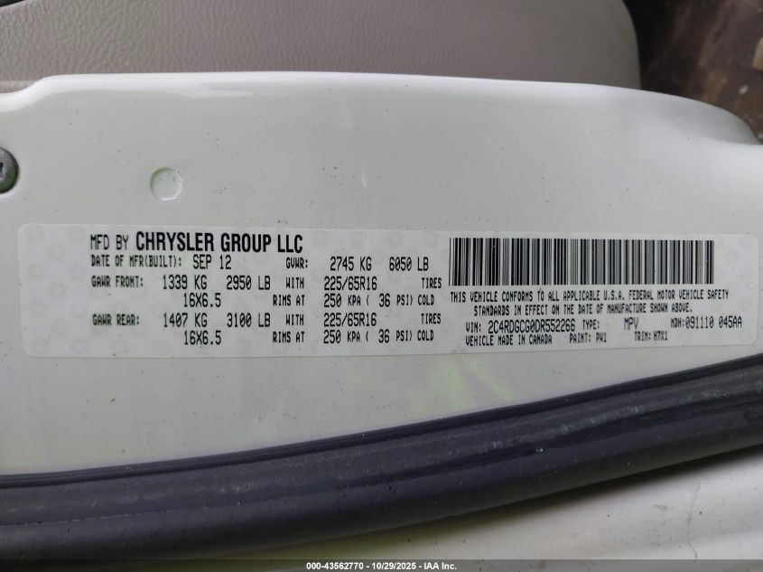 2013 Dodge Grand Caravan Sxt VIN: 2C4RDGCG0DR552266 Lot: 43562770