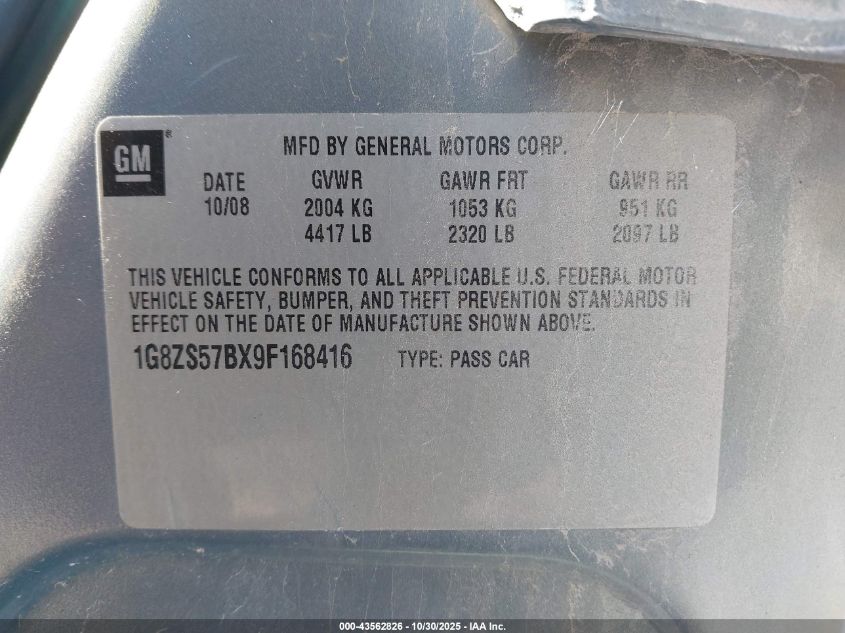 2009 Saturn Aura Xe VIN: 1G8ZS57BX9F168416 Lot: 43562826