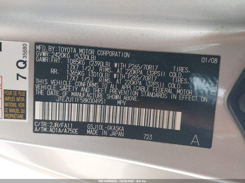 2008 Toyota Fj Cruiser VIN: JTEZU11F58K004951 Lot: 43562835