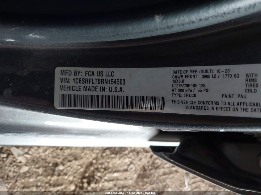 2024 Ram 1500 Rebel 4X4 5'7 Box VIN: 1C6SRFLT6RN154503 Lot: 43562853