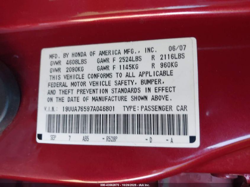 2007 Acura Tl Type S VIN: 19UUA76597A046801 Lot: 43562870