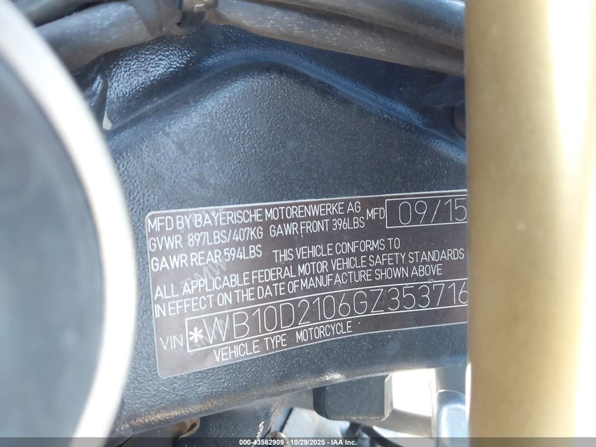 2016 BMW S 1000 Rr VIN: WB10D2106GZ353716 Lot: 43562909