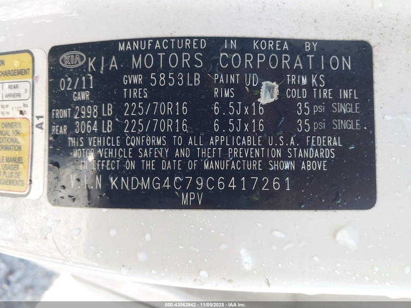 2012 Kia Sedona Lx VIN: KNDMG4C79C6417261 Lot: 43562942