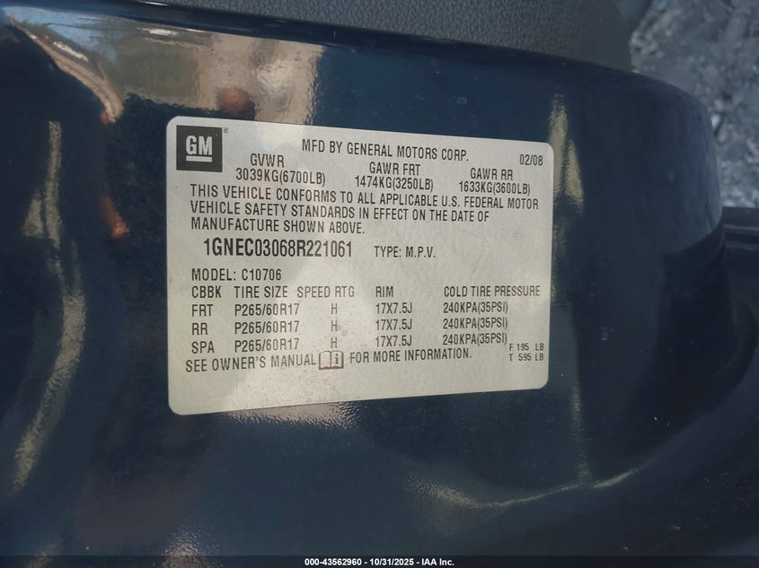 2008 Chevrolet Tahoe Police VIN: 1GNEC03068R221061 Lot: 43562960