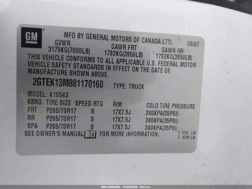 2008 GMC Sierra 1500 Sle1 VIN: 2GTEK13M881170160 Lot: 43562980