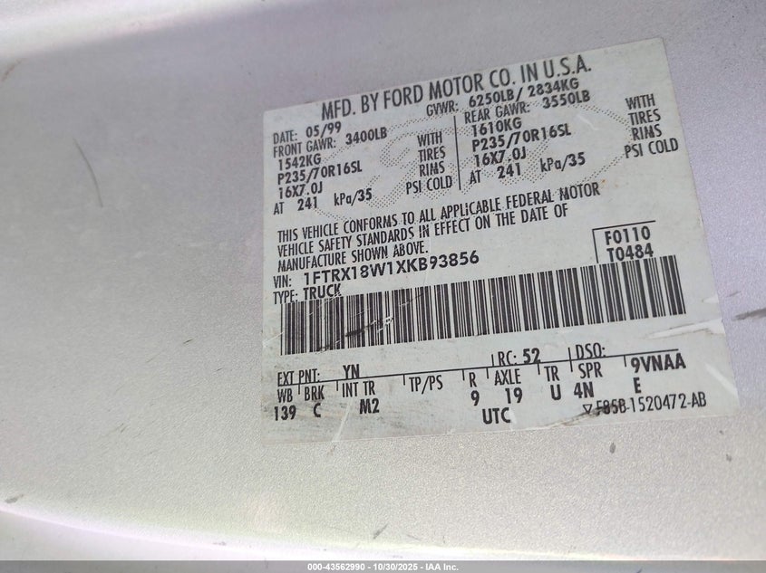 1999 Ford F-150 Lariat/Work Series/Xl/Xlt VIN: 1FTRX18W1XKB93856 Lot: 43562990