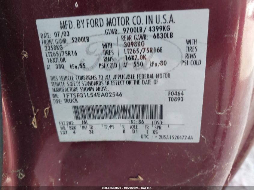 2004 Ford F-350 Xl/Xlt VIN: 1FTSF31L54EA02546 Lot: 43563029