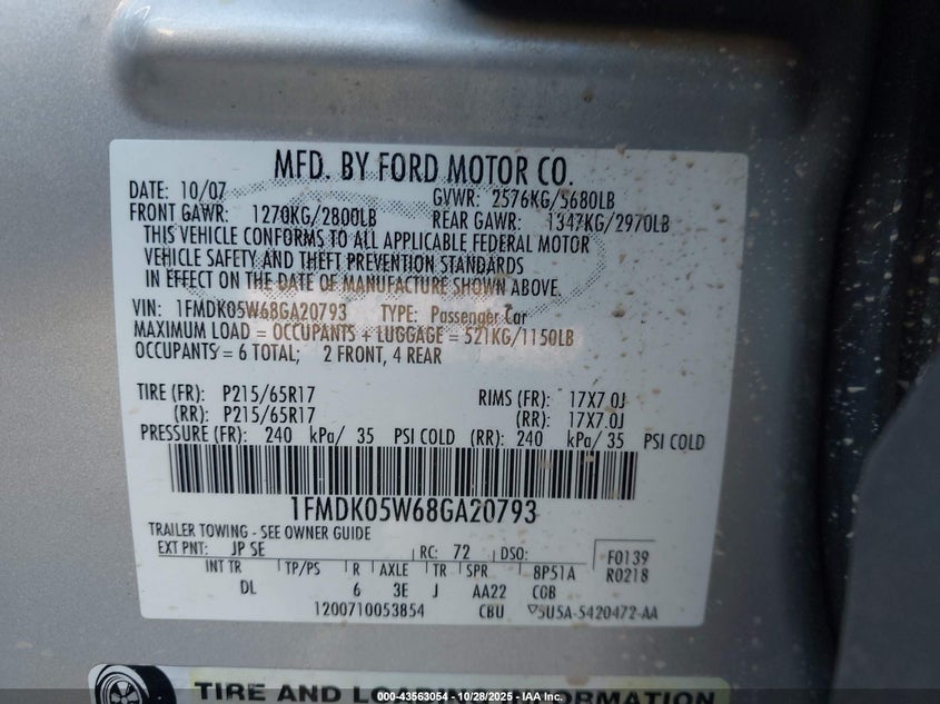 2008 Ford Taurus X Sel VIN: 1FMDK05W68GA20793 Lot: 43563054