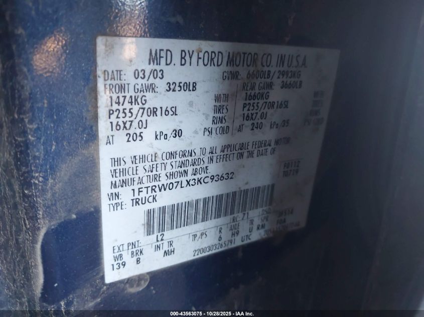 2003 Ford F-150 Lariat/Xlt VIN: 1FTRW07LX3KC93632 Lot: 43563075