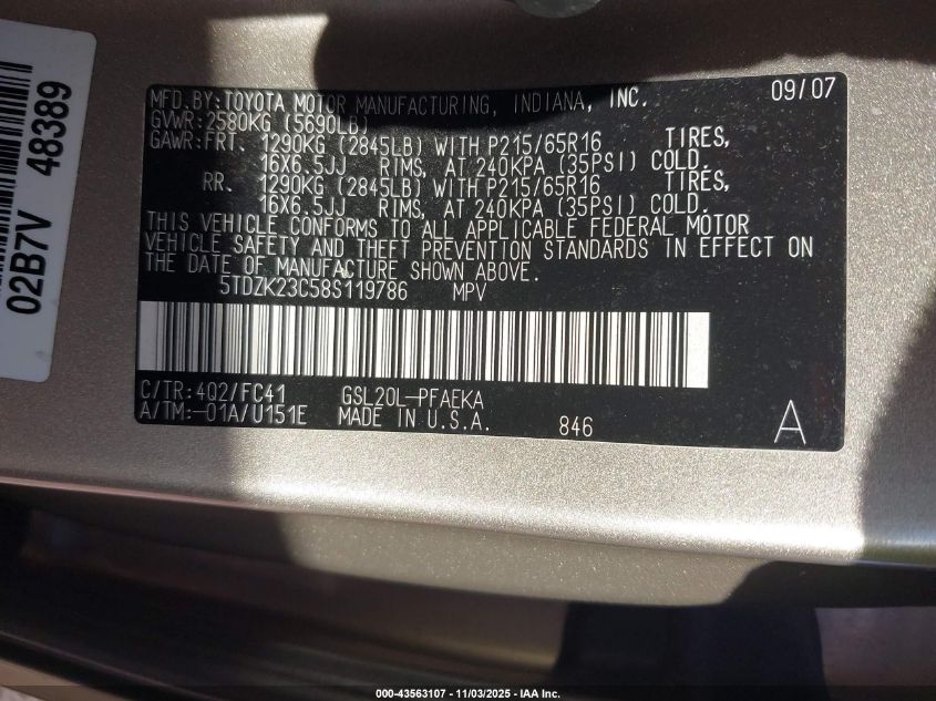 2008 Toyota Sienna Le VIN: 5TDZK23C58S119786 Lot: 43563107