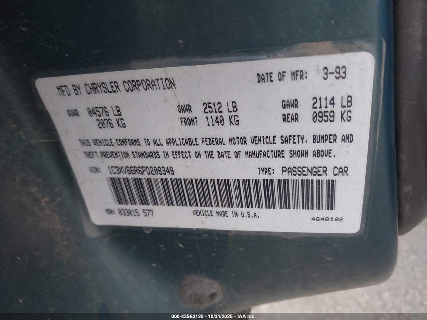 1993 Chrysler New Yorker Fifth Avenue VIN: 1C3XV66R6PD208349 Lot: 43563128