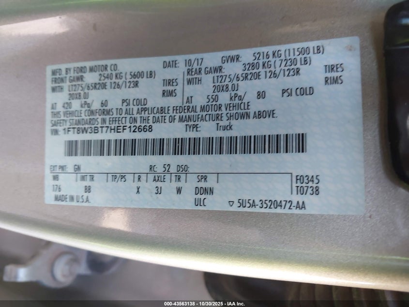 2017 Ford F-350 Platinum VIN: 1FT8W3BT7HEF12668 Lot: 43563138