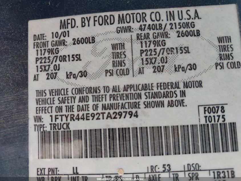 2002 Ford Ranger Xlt VIN: 1FTYR44E92TA29794 Lot: 43563147