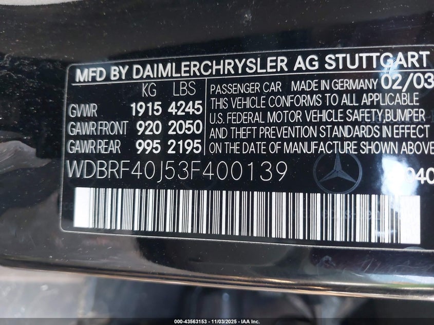 2003 Mercedes-Benz C 230 Kompressor Sport VIN: WDBRF40J53F400139 Lot: 43563153