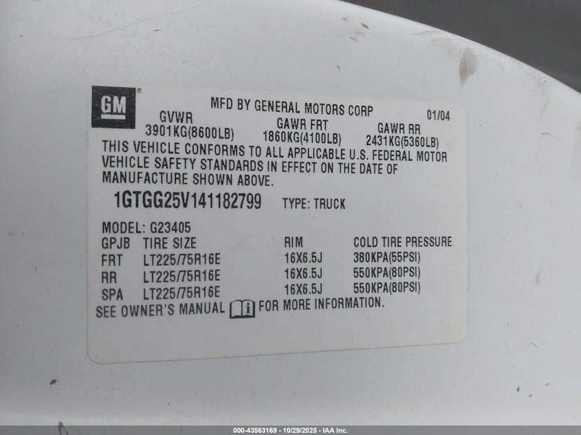 2004 GMC Savana Standard VIN: 1GTGG25V141182799 Lot: 43563169