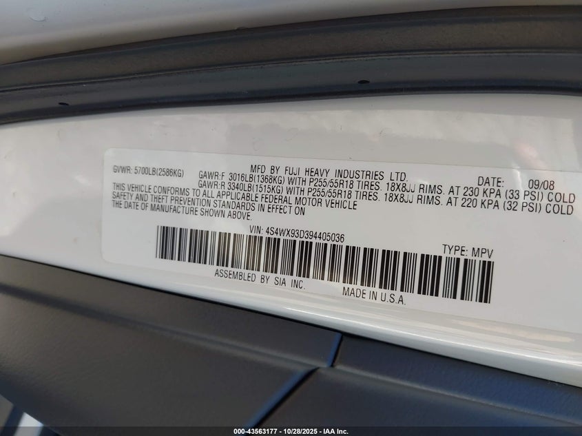 2009 Subaru Tribeca Limited 5-Passenger VIN: 4S4WX93D394405036 Lot: 43563177