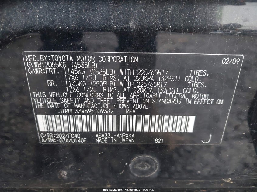 2009 Toyota Rav4 VIN: JTMBF33V695009382 Lot: 43563194