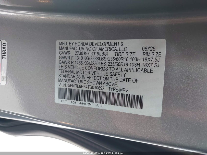 5FNRL6H64TB010692 2026 HONDA ODYSSEY photo no. 9