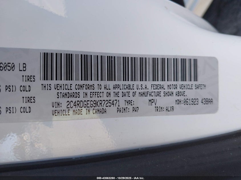 2019 Dodge Grand Caravan Gt VIN: 2C4RDGEG9KR725471 Lot: 43563280