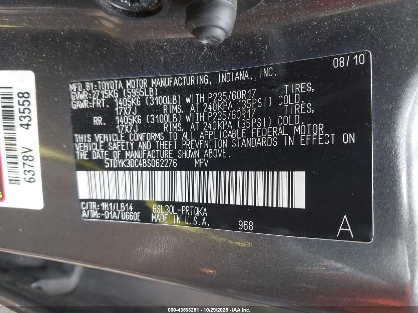 2011 Toyota Sienna Xle V6 VIN: 5TDYK3DC4BS062276 Lot: 43563281