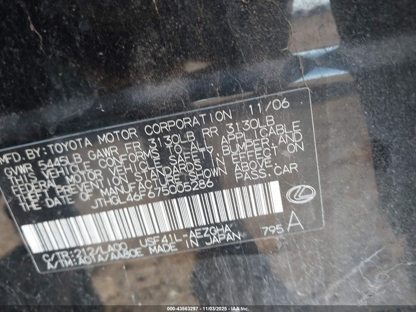 2007 Lexus Ls 460 L VIN: JTHGL46F675005286 Lot: 43563297