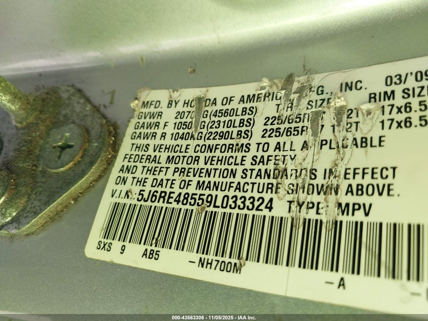 2009 Honda Cr-V Ex VIN: 5J6RE48559L033324 Lot: 43563306