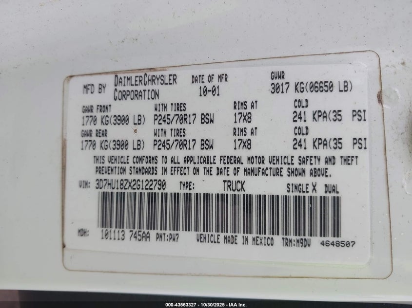 2002 Dodge Ram 1500 St VIN: 3D7HU18ZX2G122790 Lot: 43563327