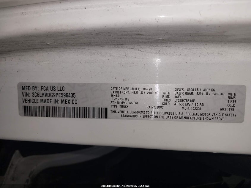 2023 Ram Promaster 2500 VIN: 3C6LRVDG9PE596435 Lot: 43563332