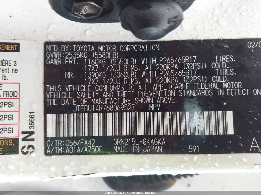 2006 Toyota 4Runner Sr5 V6 VIN: JTEBU14R768069527 Lot: 43563371