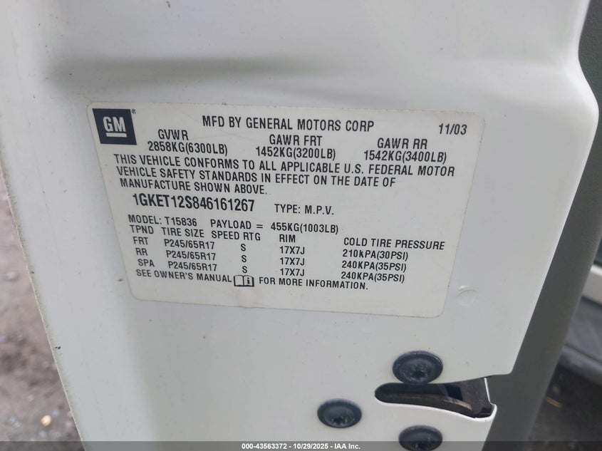 2004 GMC Envoy Xuv Slt VIN: 1GKET12S846161267 Lot: 43563372