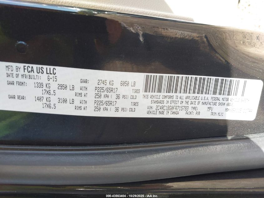 2015 Chrysler Town & Country Touring VIN: 2C4RC1BG0FR715793 Lot: 43563404