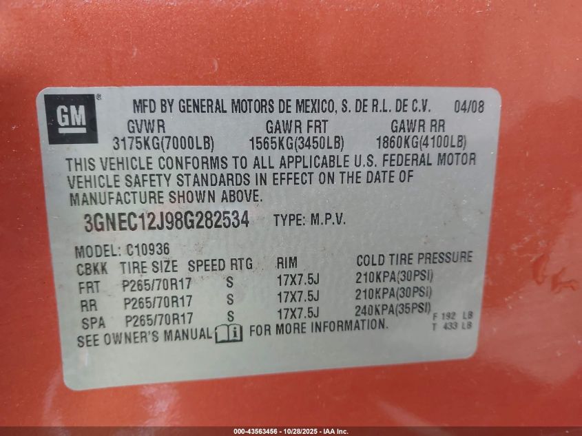 2008 Chevrolet Avalanche 1500 Ls VIN: 3GNEC12J98G282534 Lot: 43563456