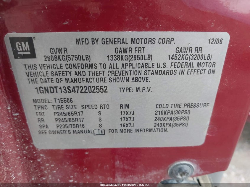 2007 Chevrolet Trailblazer Lt VIN: 1GNDT13S472202552 Lot: 43563478