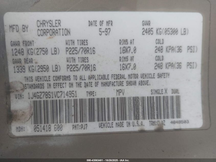 1997 Jeep Grand Cherokee Limited VIN: 1J4GZ78S1VC714951 Lot: 43563481