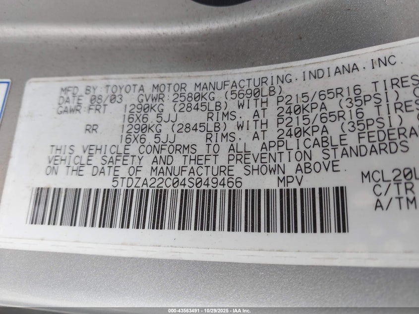 5TDZA22C04S049466 2004 TOYOTA SIENNA photo no. 9
