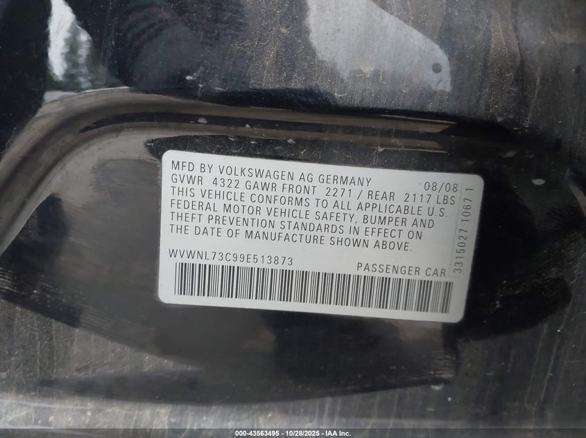 2009 Volkswagen Cc Sport VIN: WVWNL73C99E513873 Lot: 43563495