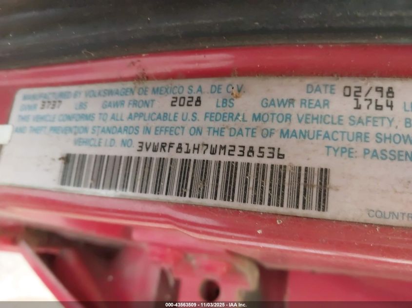 1998 Volkswagen Jetta Tdi VIN: 3VWRF81H7WM238536 Lot: 43563509