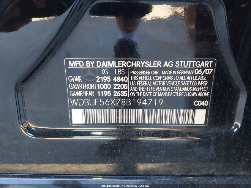 2008 Mercedes-Benz E 350 VIN: WDBUF56X78B194719 Lot: 43563530