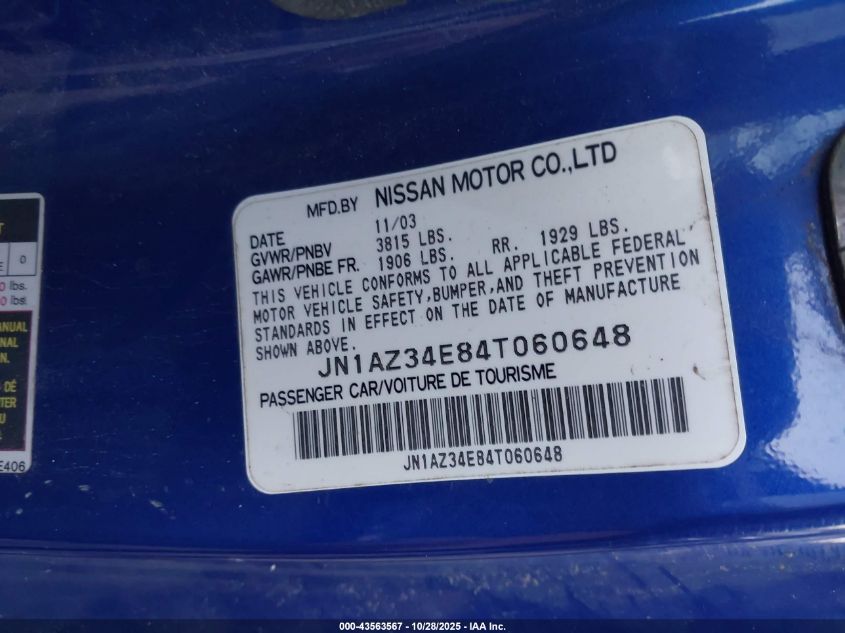 2004 Nissan 350Z Touring VIN: JN1AZ34E84T060648 Lot: 43563567