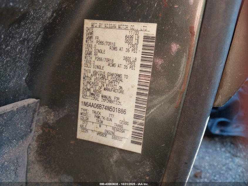 2004 Nissan Titan Se VIN: 1N6AA06B74N501886 Lot: 43563638