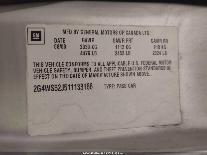 2001 Buick Century Custom VIN: 2G4WS52J511133166 Lot: 43563670