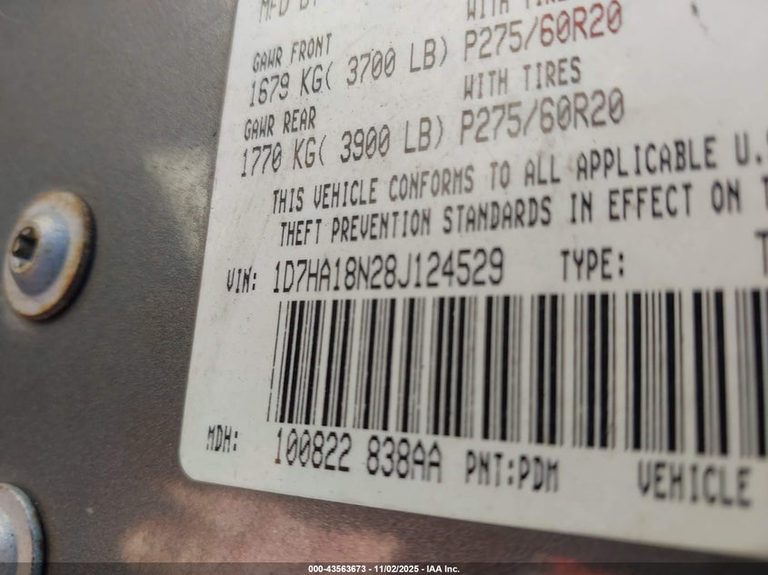 2008 Dodge Ram 1500 Slt VIN: 1D7HA18N28J124529 Lot: 43563673