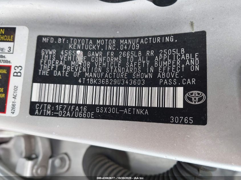 2009 Toyota Avalon Xl VIN: 4T1BK36B29U343603 Lot: 43563677