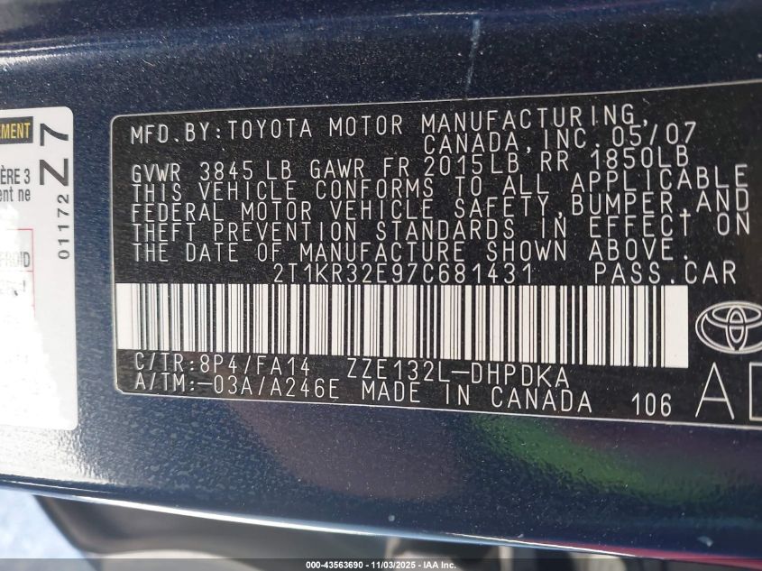 2007 Toyota Matrix VIN: 2T1KR32E97C681431 Lot: 43563690