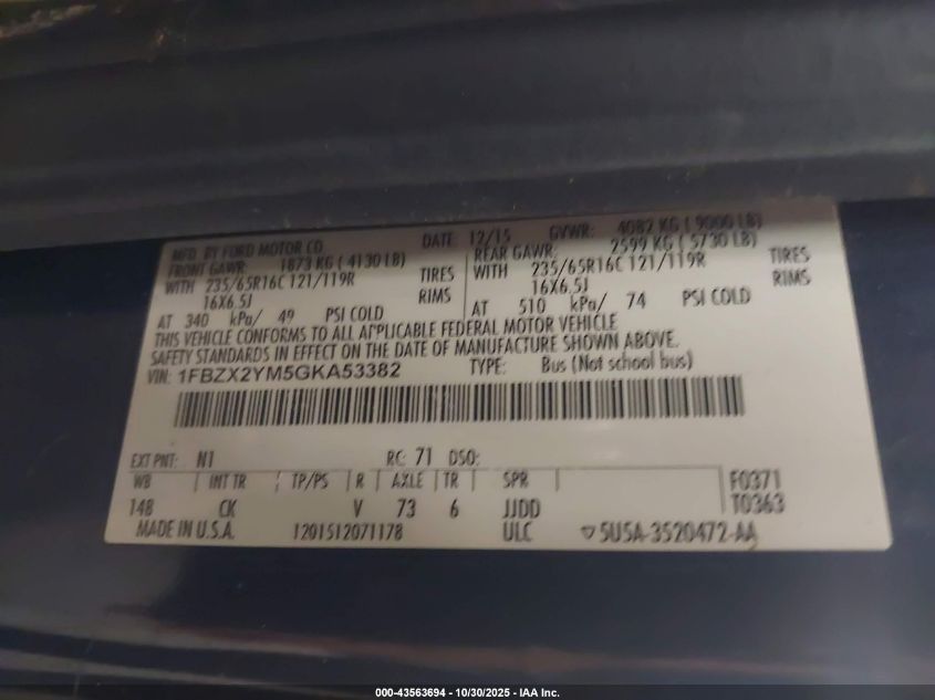 2016 Ford Transit-350 Xlt VIN: 1FBZX2YM5GKA53382 Lot: 43563694