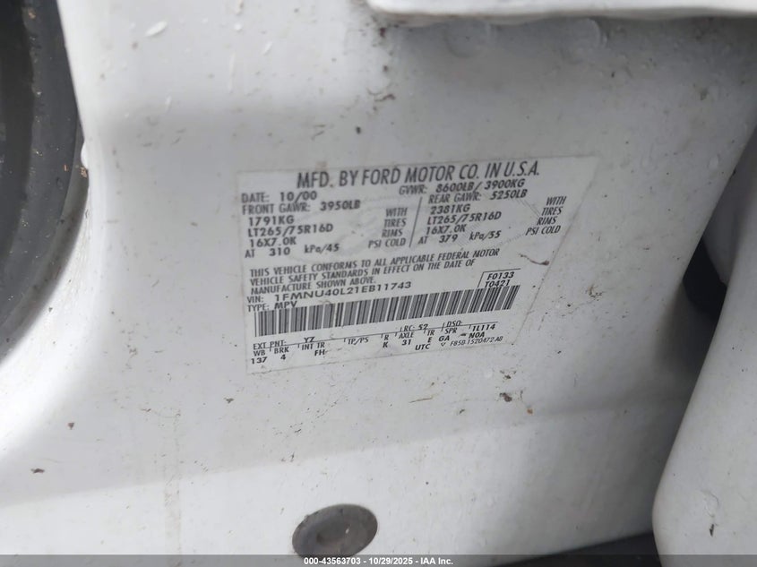 2001 Ford Excursion Xlt VIN: 1FMNU40L21EB11743 Lot: 43563703
