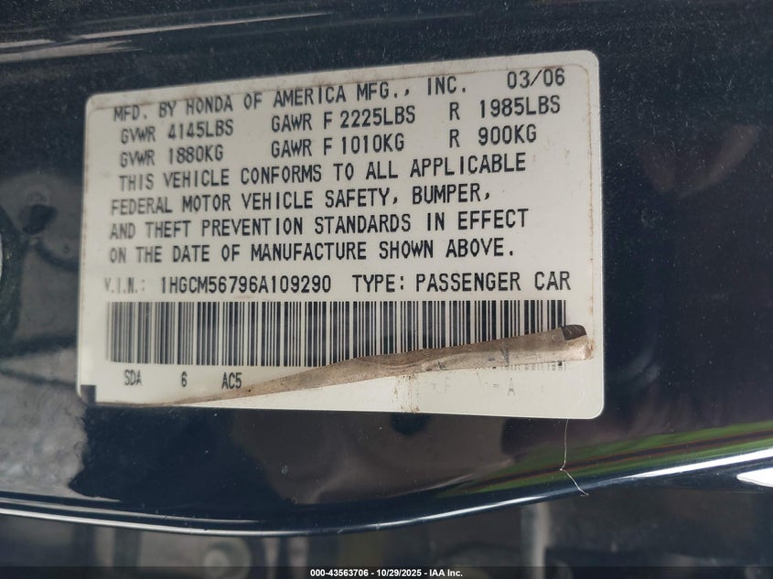 1HGCM56796A109290 2006 HONDA ACCORD photo no. 9